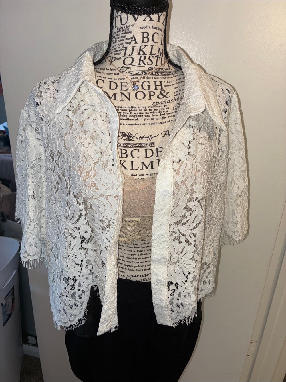White Lace Button-Down Shirt - Women's Short Sleeve Boutique Brand:Sweet Generis - Picture 12 of 16